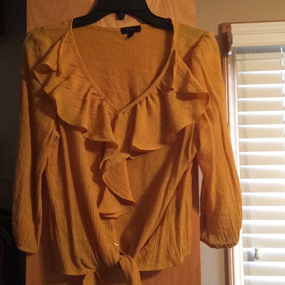 Mustard front ruffle with tie blouse